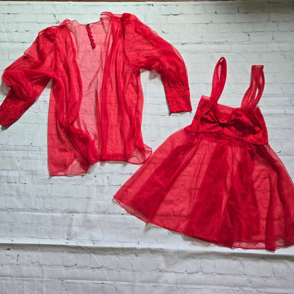 Vintage 70s Red Sheer Lace Babydoll chemises peignoir set coquett large